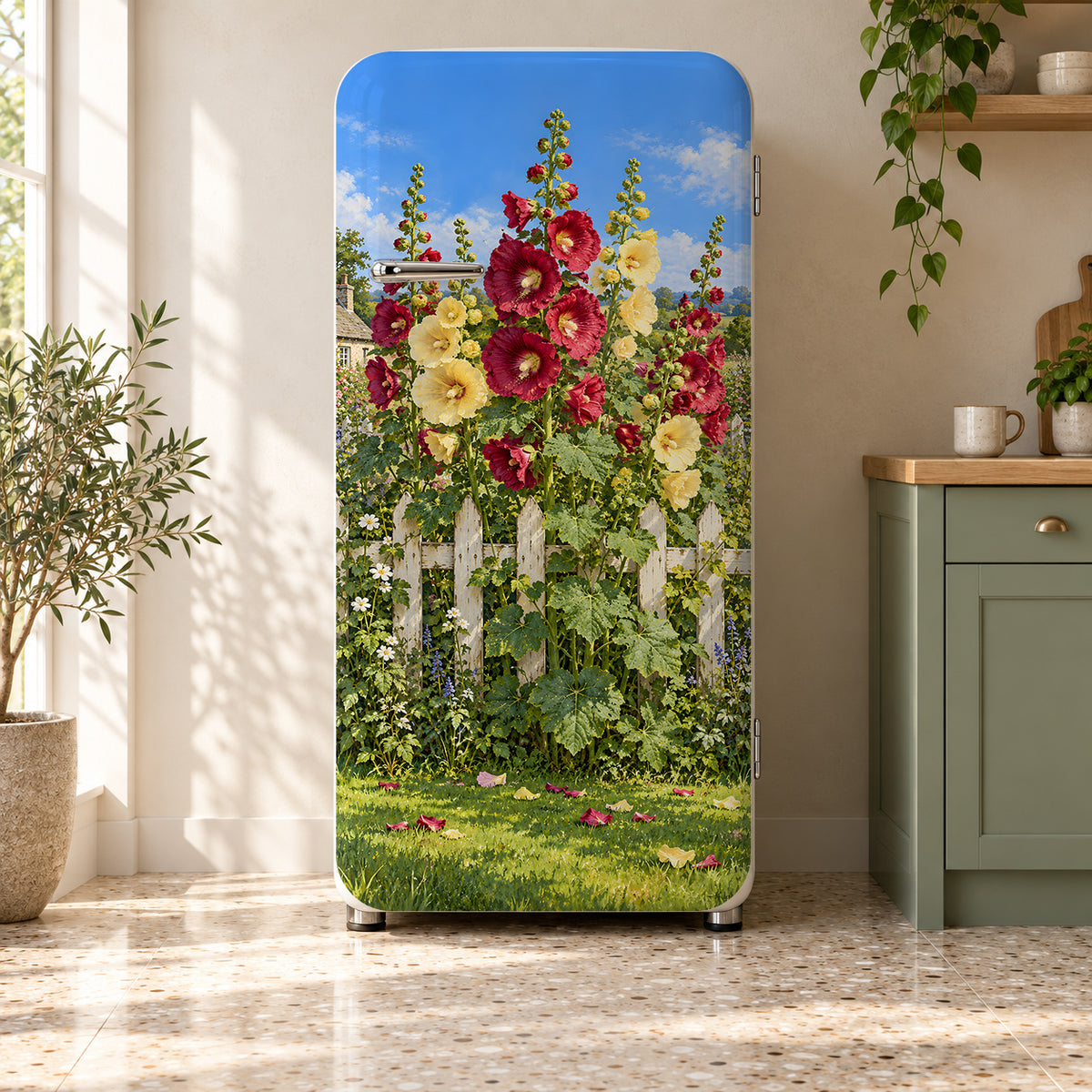 Hollyhocks fridge wrap on a retro refrigerator