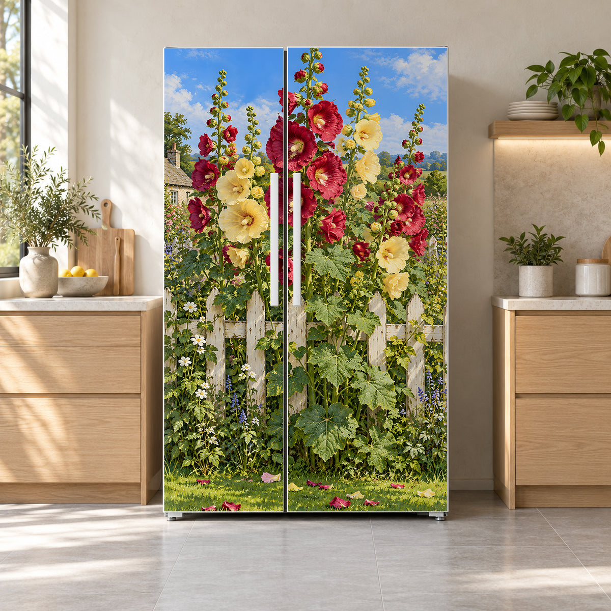 Hollyhocks fridge wrap on a side-by-side refrigerator