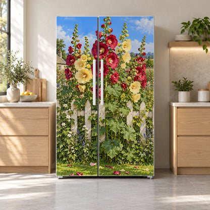 Hollyhocks fridge wrap on a side-by-side refrigerator