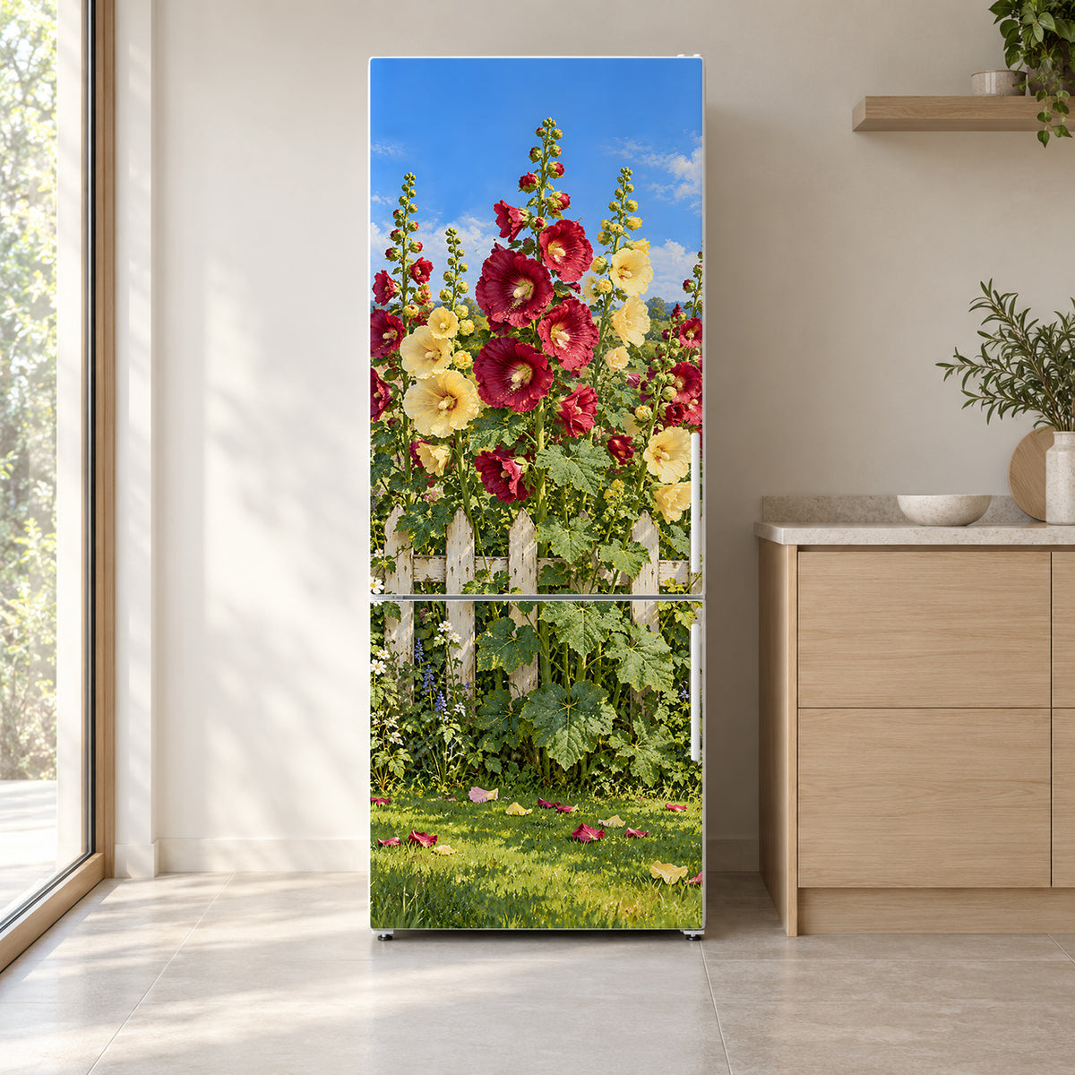 Hollyhocks fridge wrap on a white refrigerator in a bright kitchen