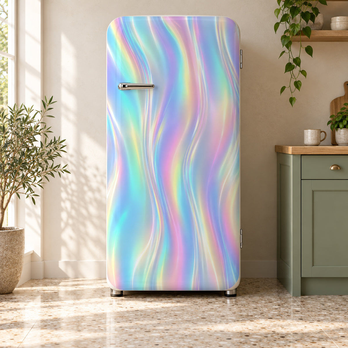 Holographic Look fridge wrap on a retro refrigerator