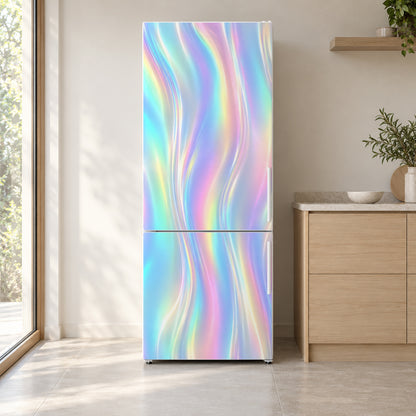Holographic Look fridge wrap on a white refrigerator in a bright kitchen