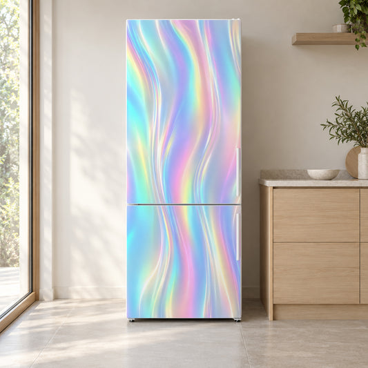 Holographic Look fridge wrap on a white refrigerator in a bright kitchen
