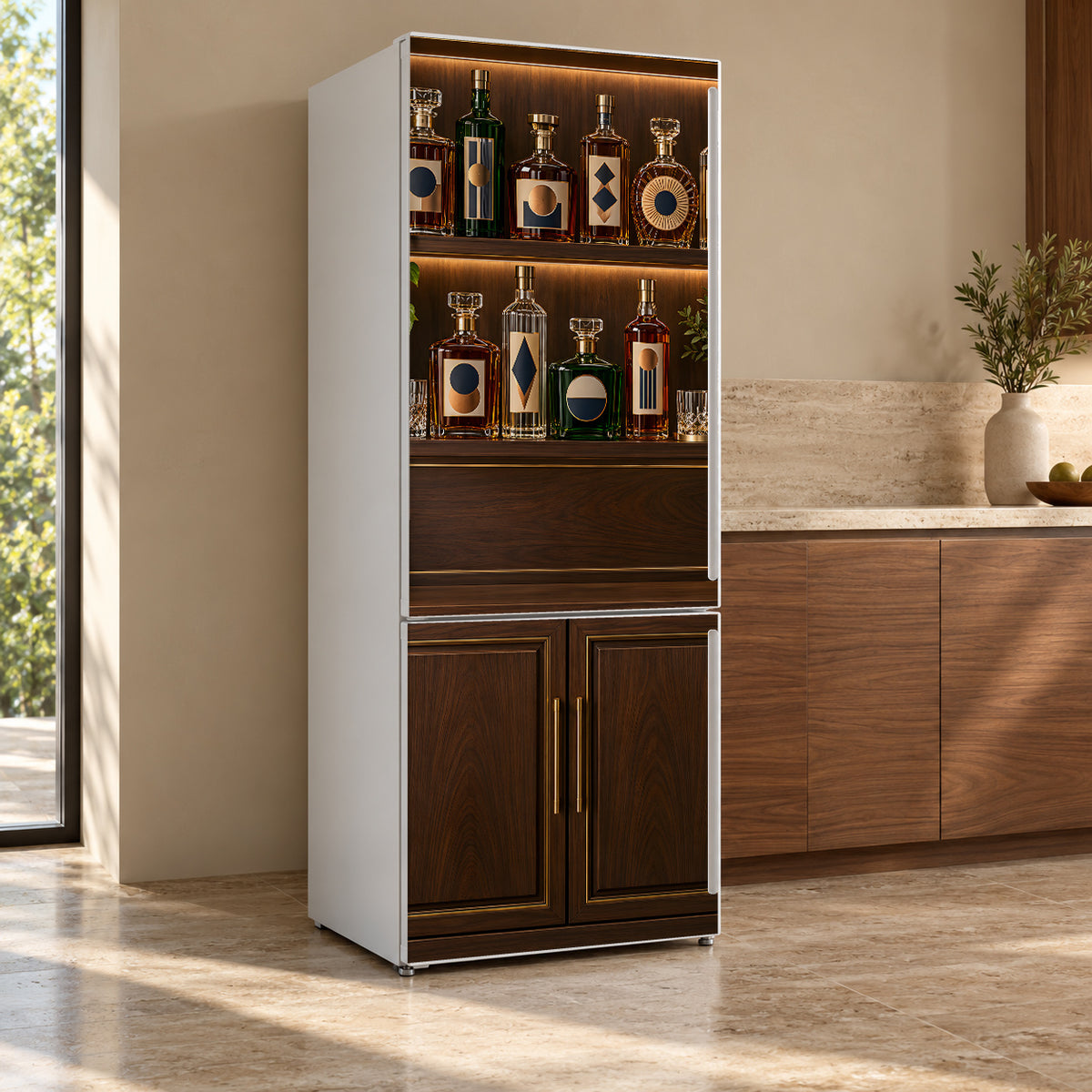 Home Bar Shelf fridge wrap, refrigerator shown at an angle