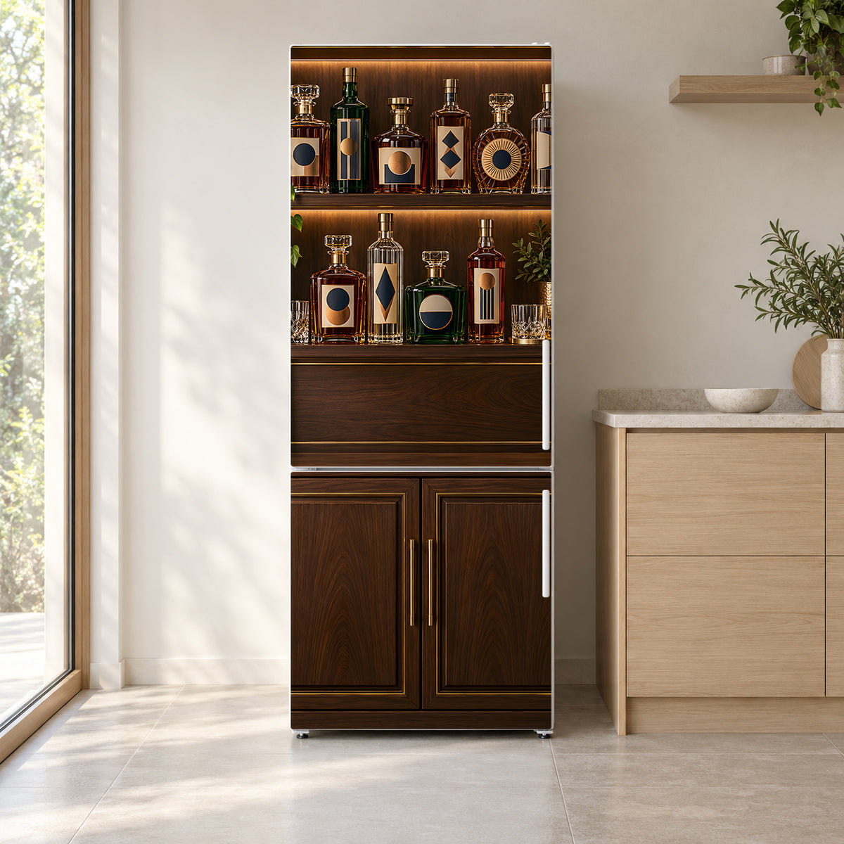 Home Bar Shelf fridge wrap on a white refrigerator in a bright kitchen