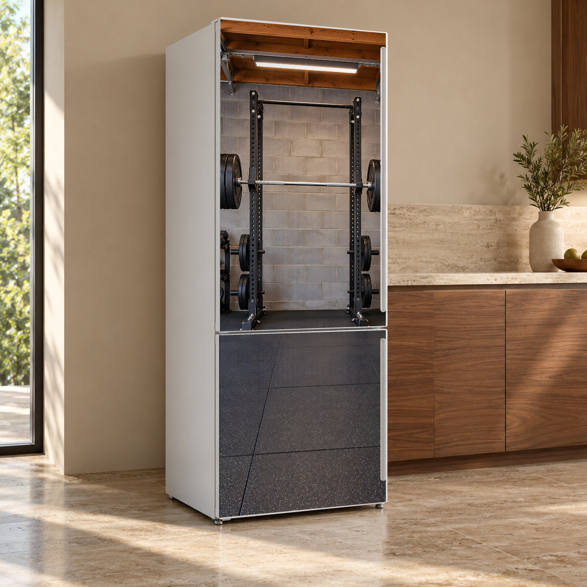 Home Gym Barbells fridge wrap, refrigerator shown at an angle