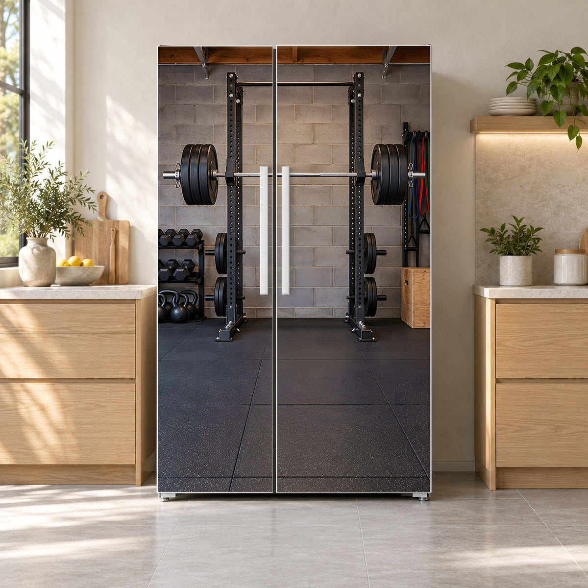 Home Gym Barbells fridge wrap on a side-by-side refrigerator