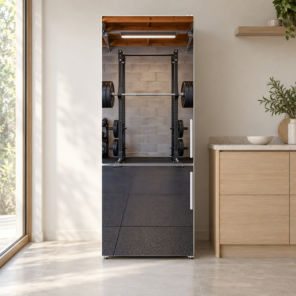 Home Gym Barbells fridge wrap on a white refrigerator in a bright kitchen