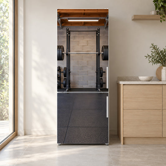 Home Gym Barbells fridge wrap on a white refrigerator in a bright kitchen