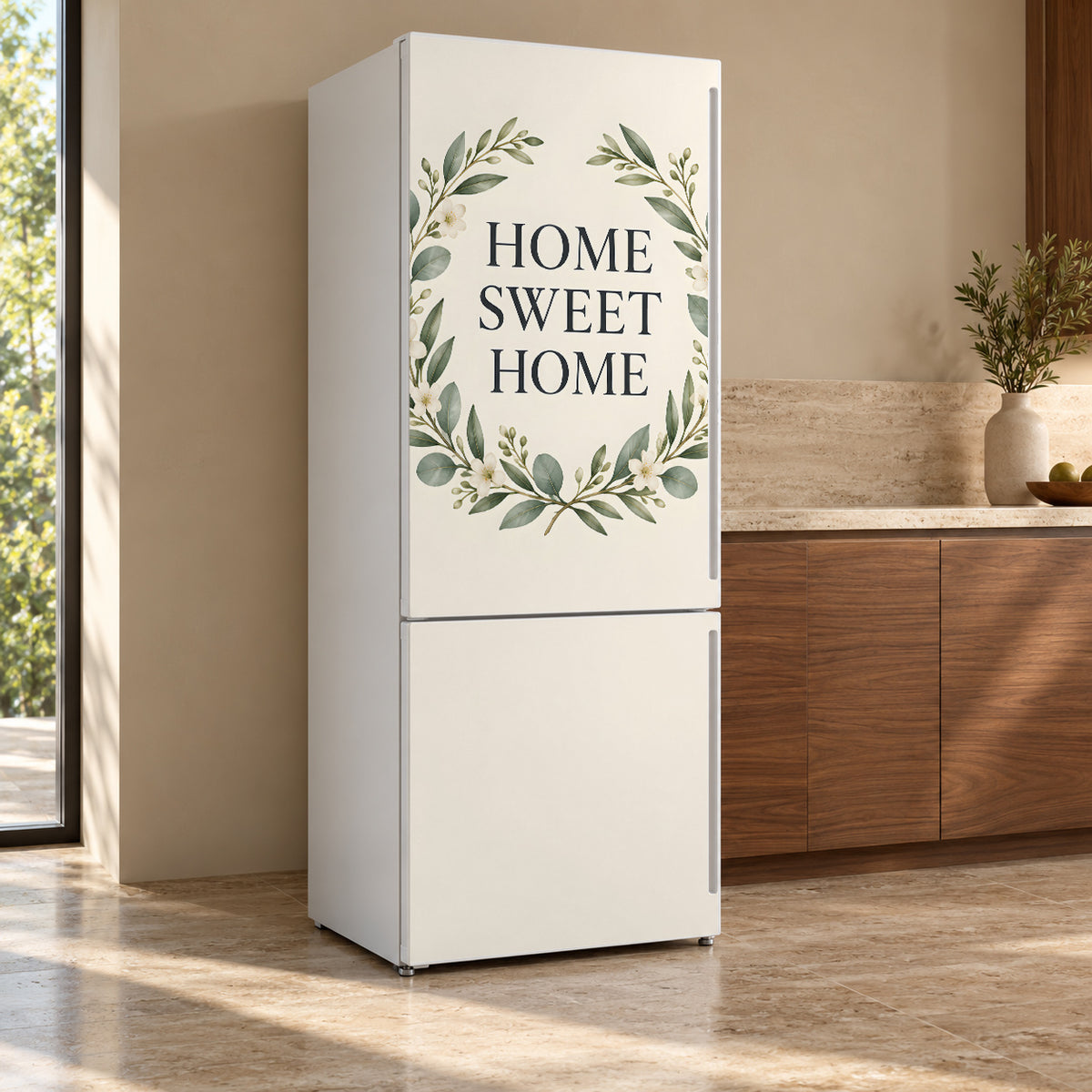 Home Sweet Home fridge wrap, refrigerator shown at an angle