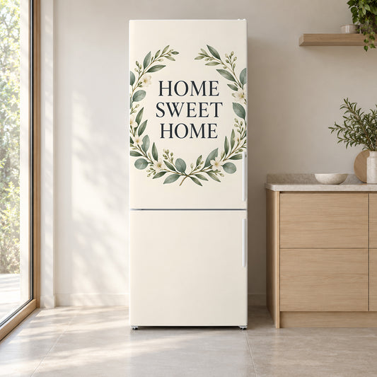 Home Sweet Home fridge wrap on a white refrigerator in a bright kitchen
