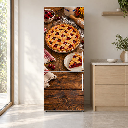 Homemade Lattice Pies fridge wrap on a white refrigerator in a bright kitchen