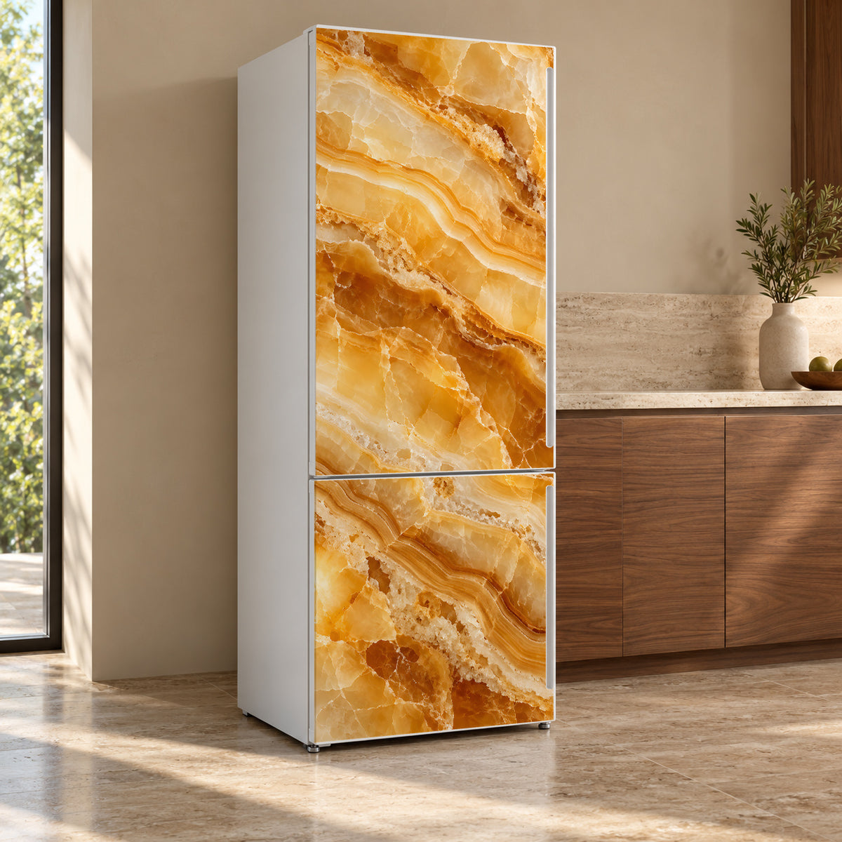 Honey Onyx fridge wrap, refrigerator shown at an angle
