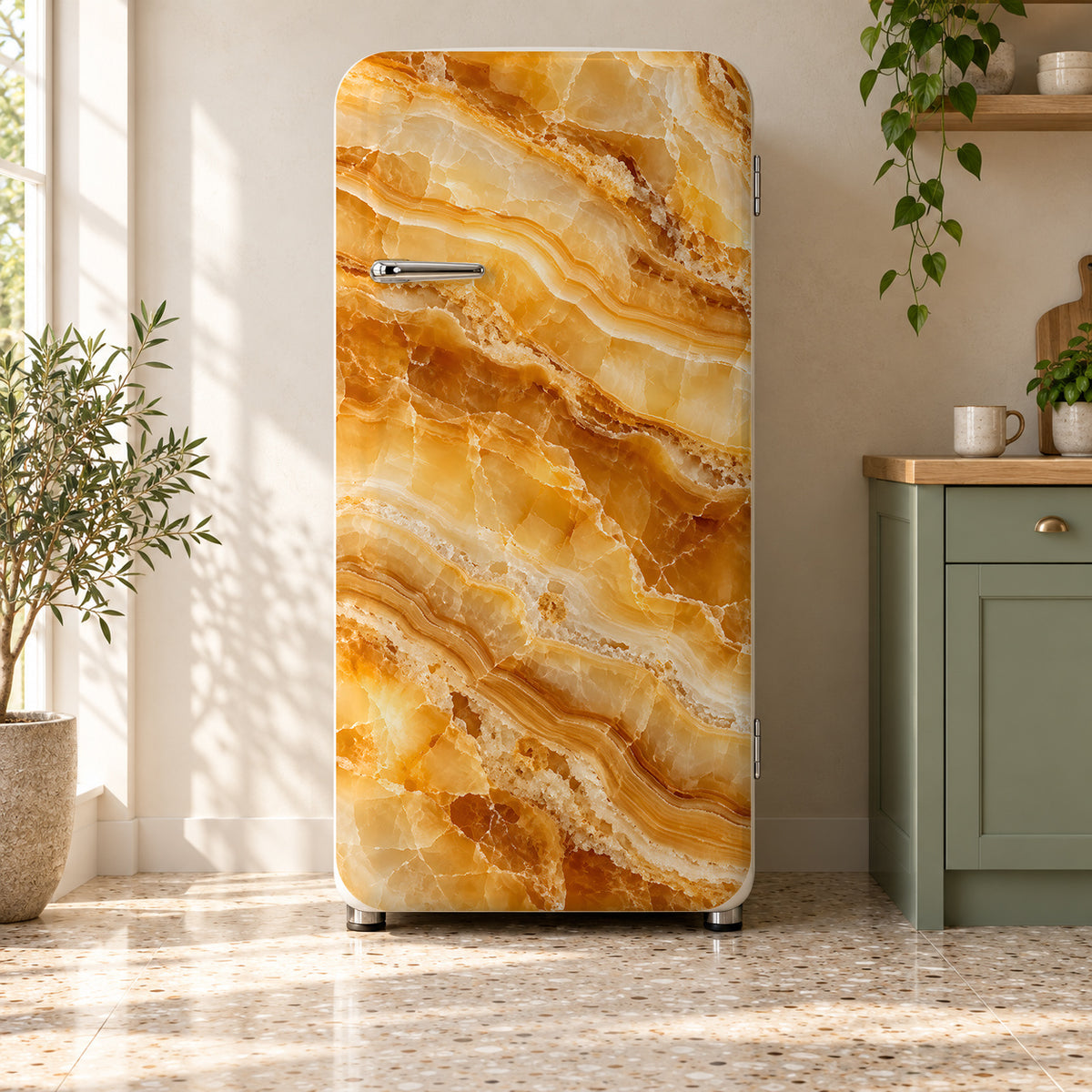 Honey Onyx fridge wrap on a retro refrigerator