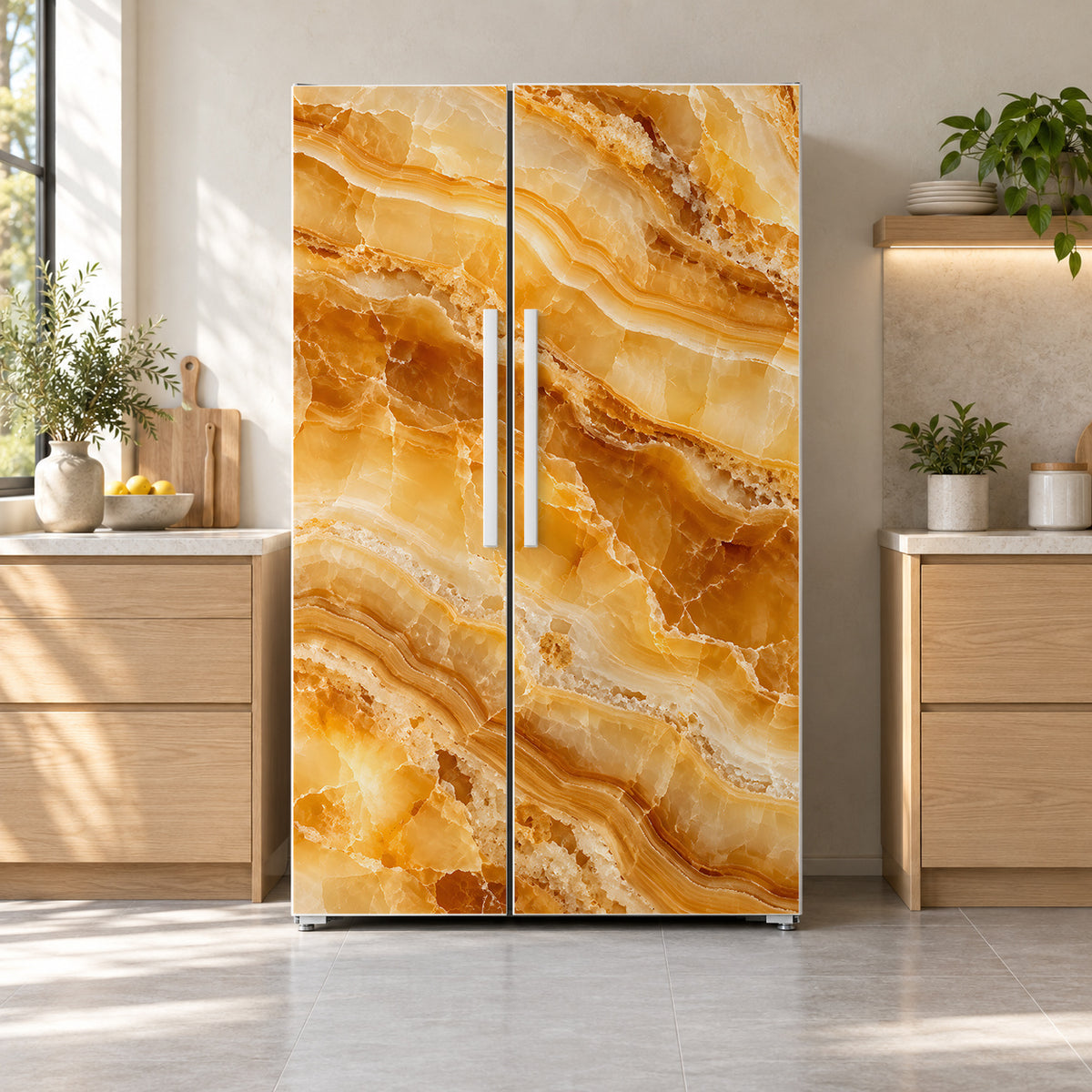 Honey Onyx fridge wrap on a side-by-side refrigerator