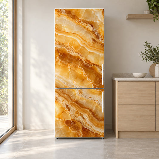 Honey Onyx fridge wrap on a white refrigerator in a bright kitchen