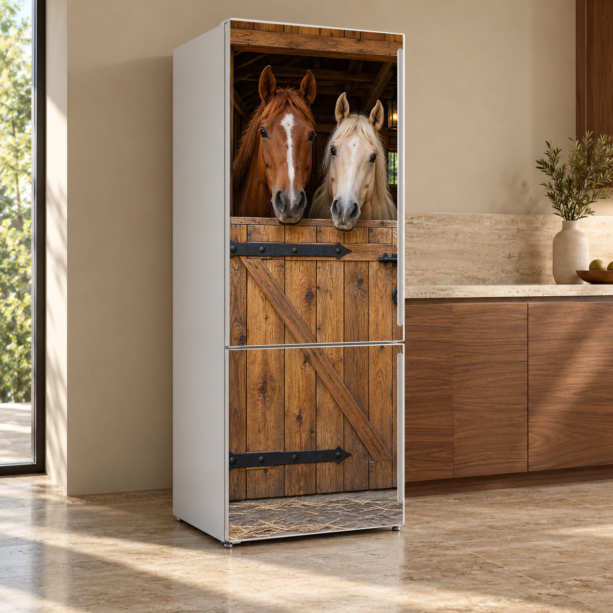 Horse Stable Door fridge wrap, refrigerator shown at an angle