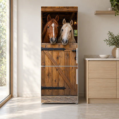 Horse Stable Door fridge wrap on a white refrigerator in a bright kitchen