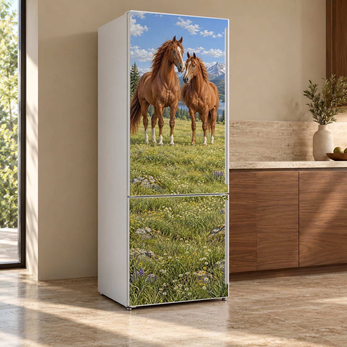 Horses in the Meadow fridge wrap, refrigerator shown at an angle