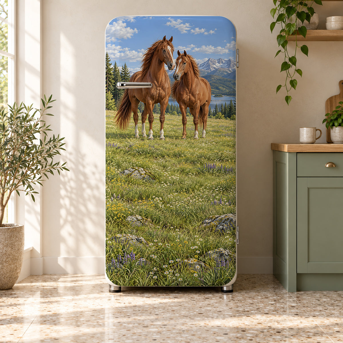 Horses in the Meadow fridge wrap on a retro refrigerator