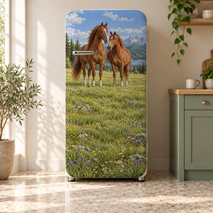 Horses in the Meadow fridge wrap on a retro refrigerator