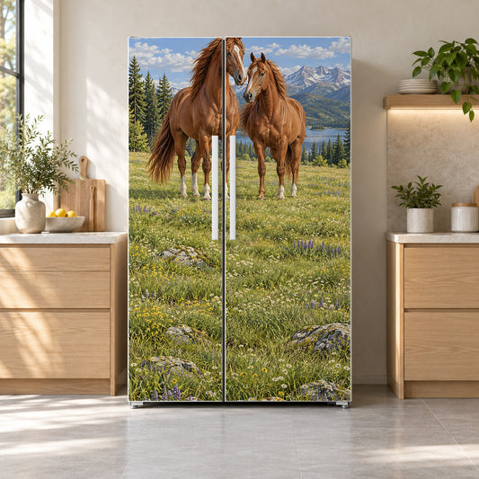 Horses in the Meadow fridge wrap on a side-by-side refrigerator