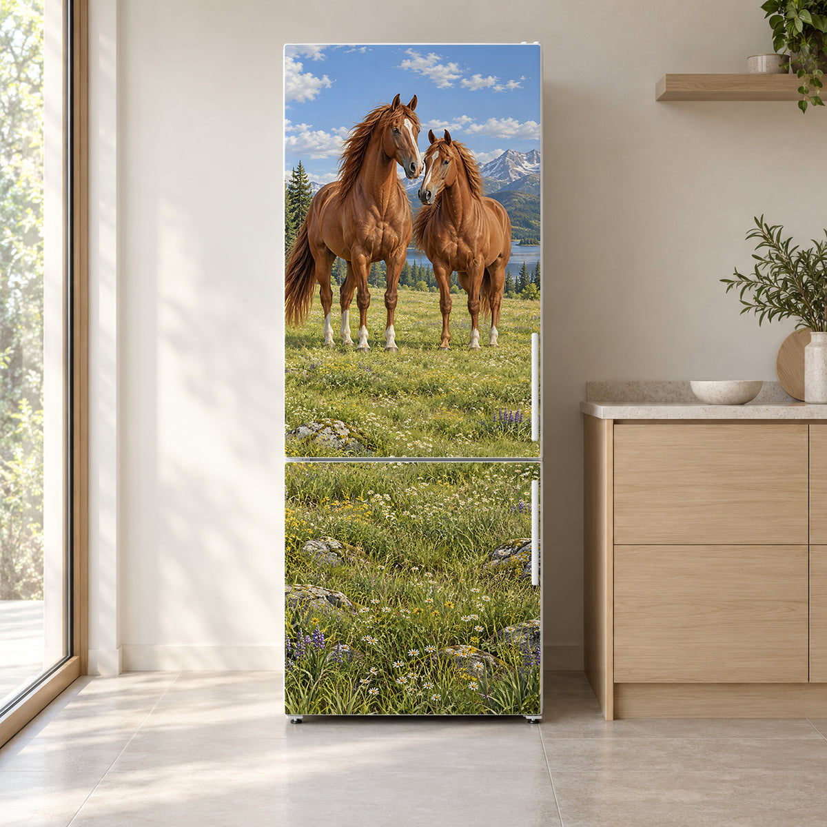 Horses in the Meadow fridge wrap on a white refrigerator in a bright kitchen