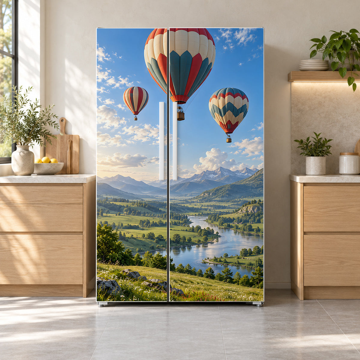 Hot Air Balloons fridge wrap on a side-by-side refrigerator