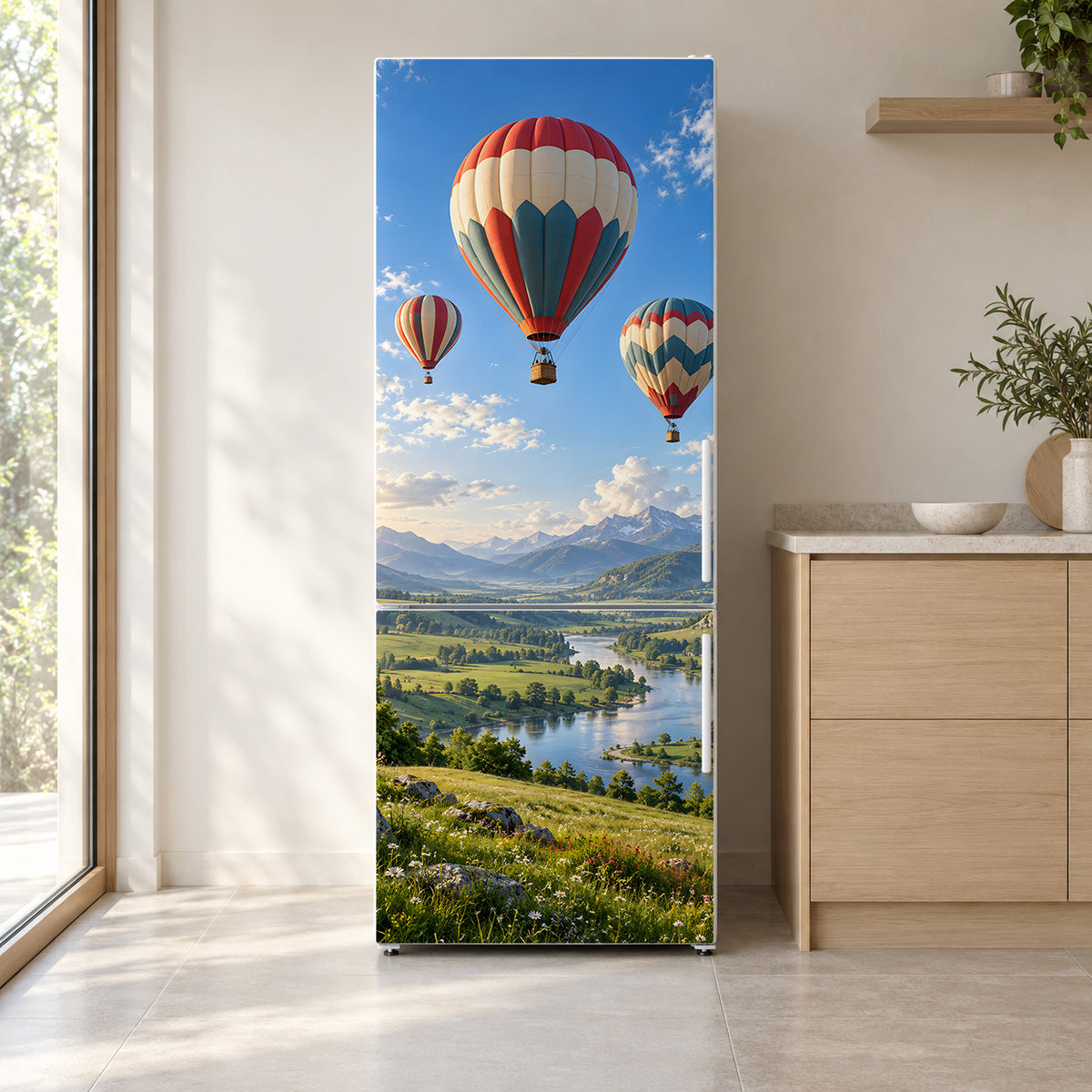 Hot Air Balloons fridge wrap on a white refrigerator in a bright kitchen