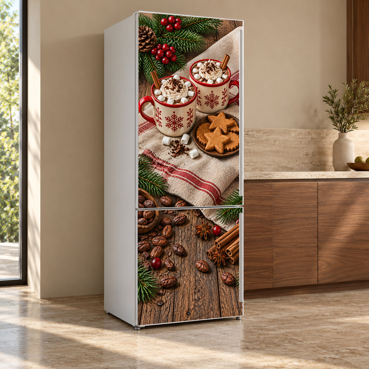 Hot Cocoa & Cookies fridge wrap, refrigerator shown at an angle