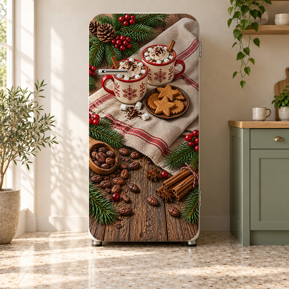 Hot Cocoa & Cookies fridge wrap on a retro refrigerator