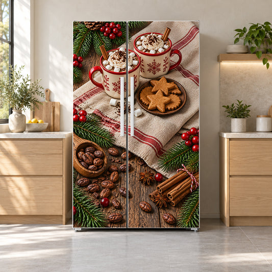 Hot Cocoa & Cookies fridge wrap on a side-by-side refrigerator