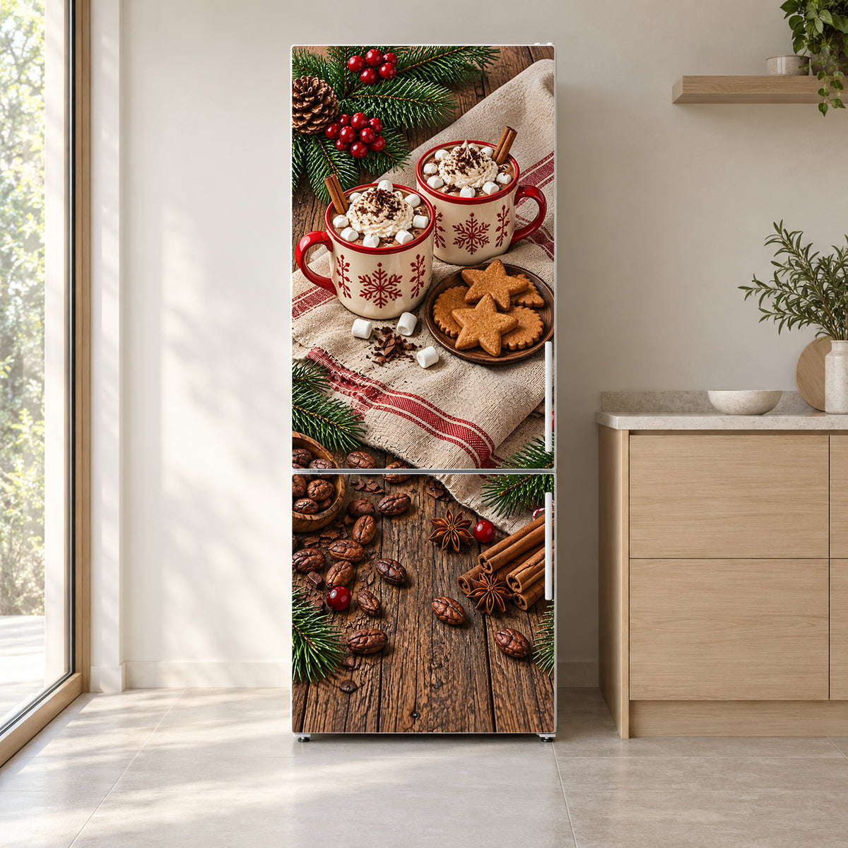 Hot Cocoa & Cookies fridge wrap on a white refrigerator in a bright kitchen