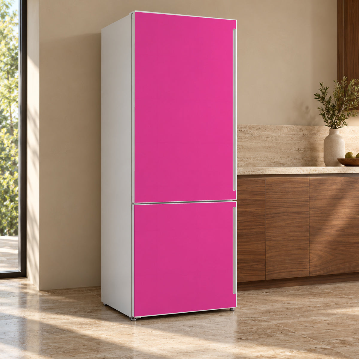 Hot Pink fridge wrap, refrigerator shown at an angle