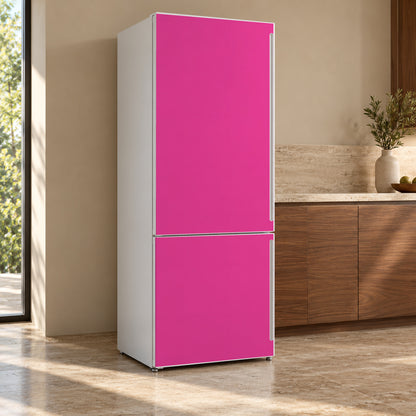 Hot Pink fridge wrap, refrigerator shown at an angle