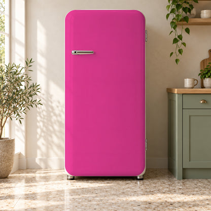 Hot Pink fridge wrap on a retro refrigerator