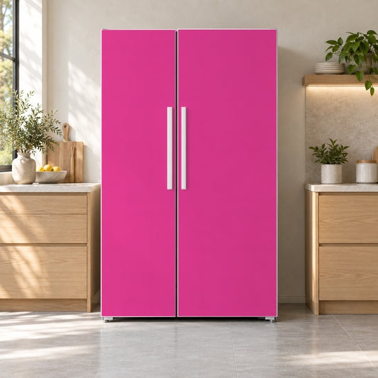 Hot Pink fridge wrap on a side-by-side refrigerator