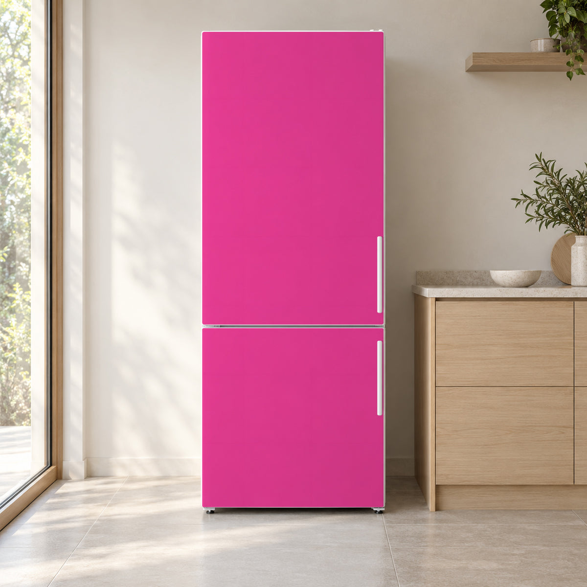 Hot Pink fridge wrap on a white refrigerator in a bright kitchen