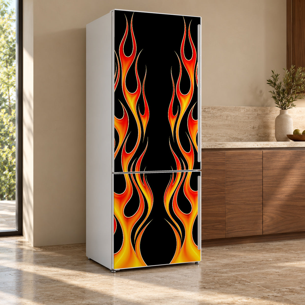 Hot Rod Flames fridge wrap, refrigerator shown at an angle