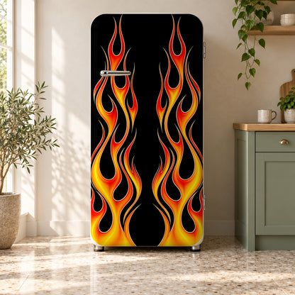 Hot Rod Flames fridge wrap on a retro refrigerator