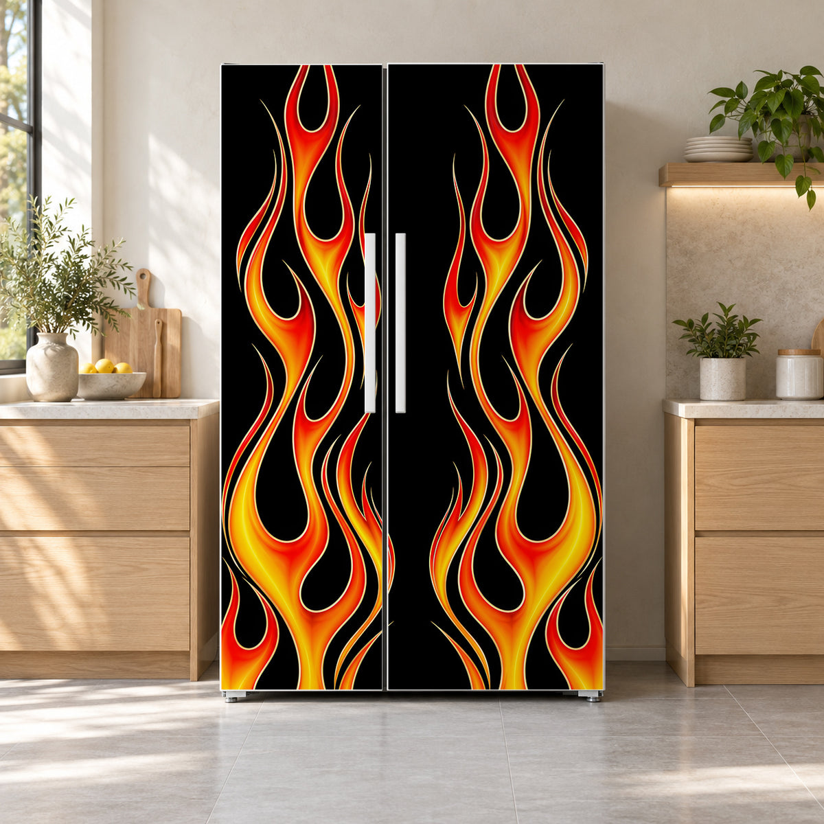 Hot Rod Flames fridge wrap on a side-by-side refrigerator