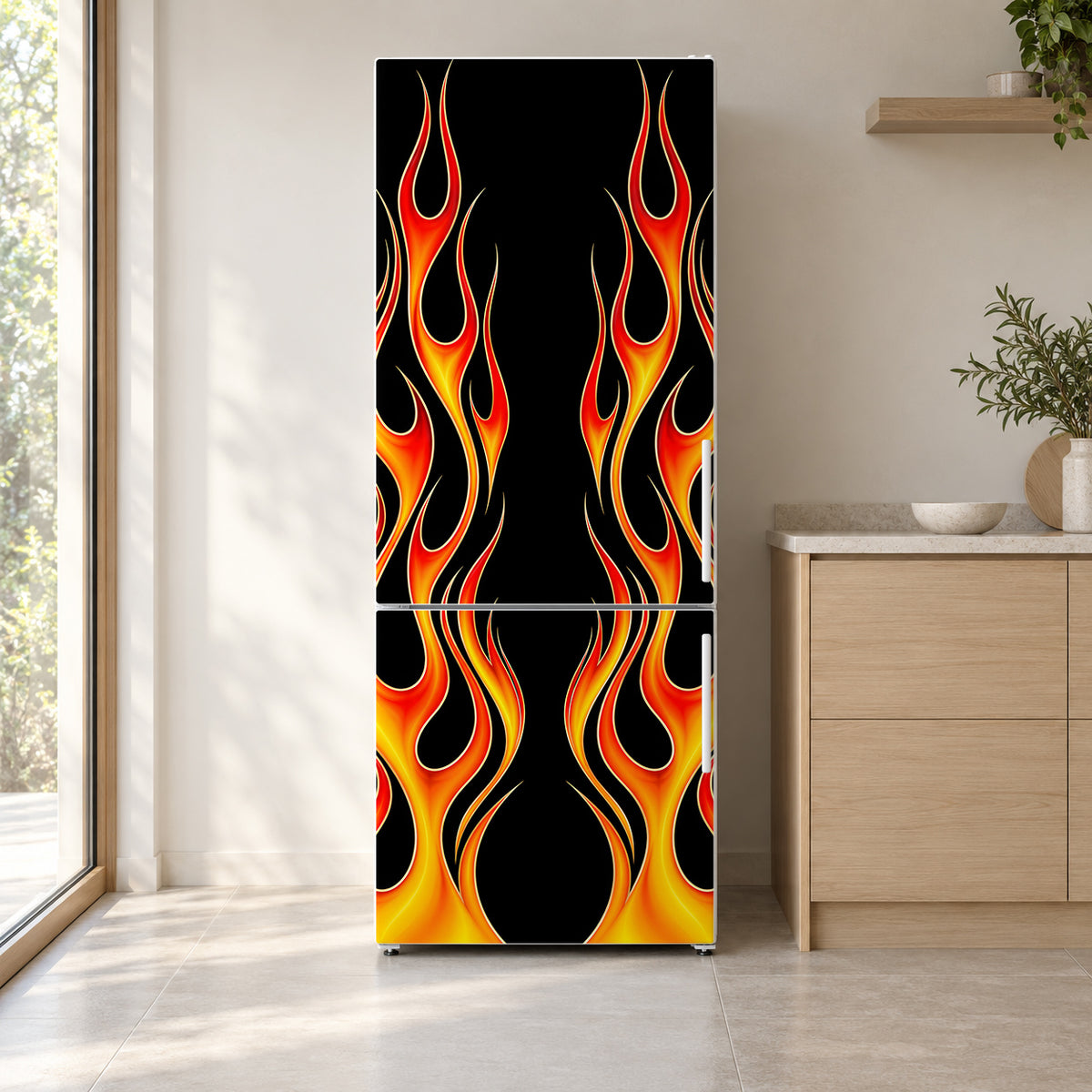 Hot Rod Flames fridge wrap on a white refrigerator in a bright kitchen