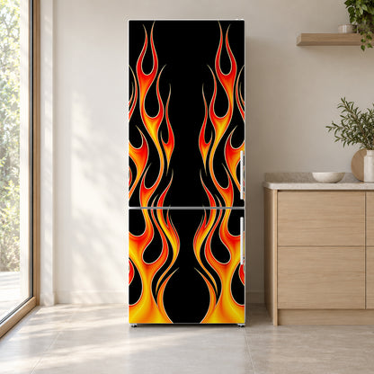 Hot Rod Flames fridge wrap on a white refrigerator in a bright kitchen
