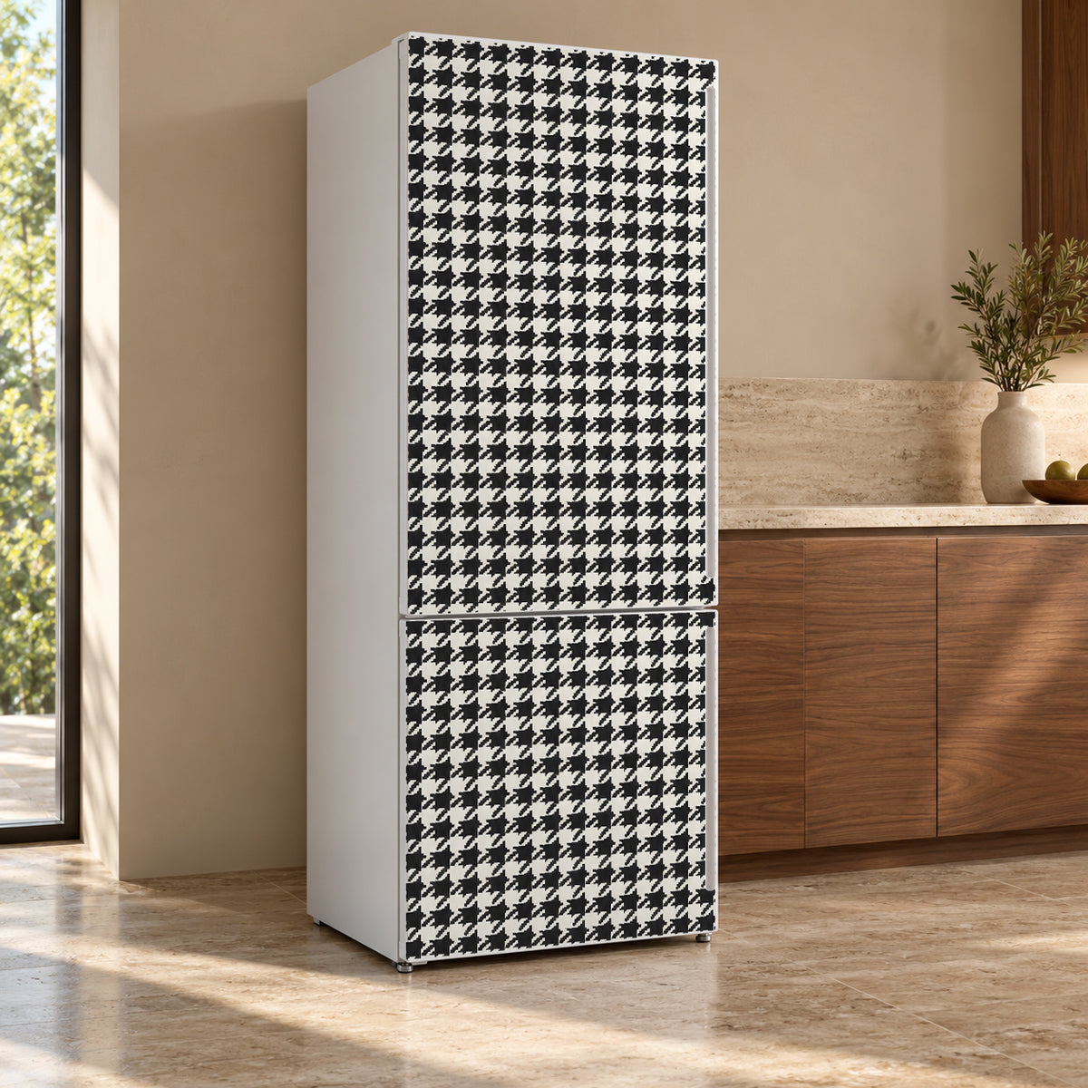 Houndstooth fridge wrap, refrigerator shown at an angle