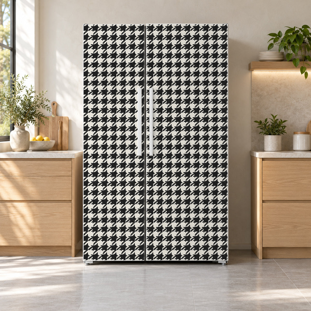 Houndstooth fridge wrap on a side-by-side refrigerator