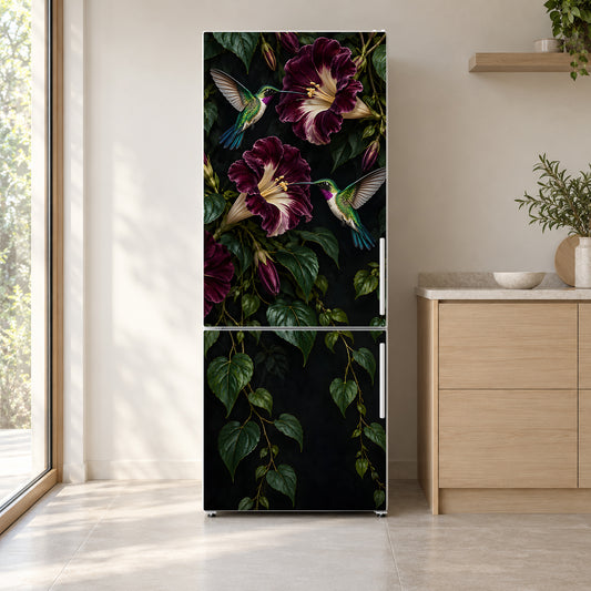 Hummingbirds & Dark Florals fridge wrap on a white refrigerator in a bright kitchen