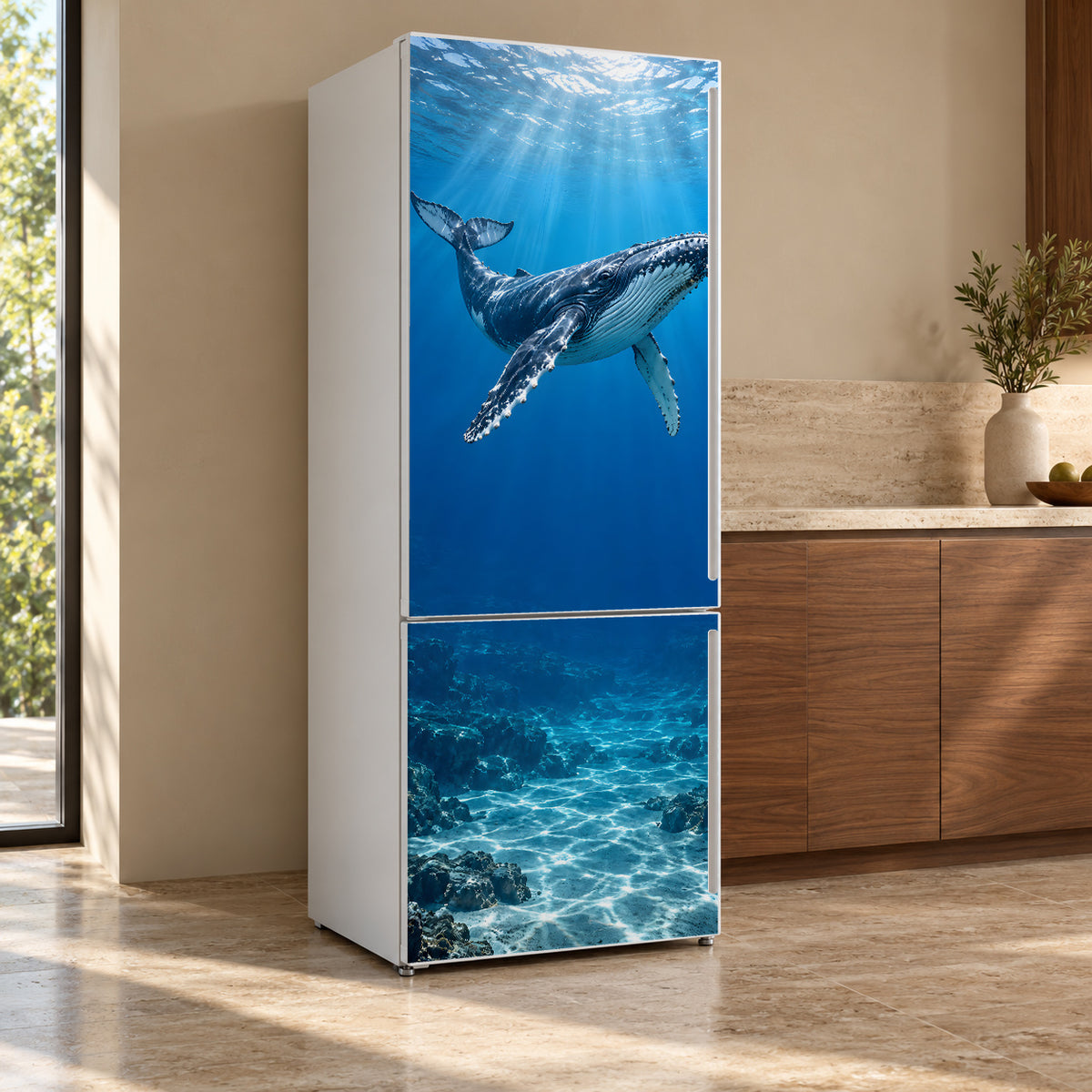 Humpback Whale fridge wrap, refrigerator shown at an angle