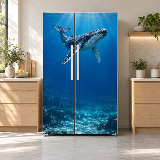 Humpback Whale fridge wrap on a side-by-side refrigerator