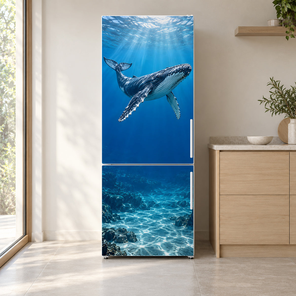 Humpback Whale fridge wrap on a white refrigerator in a bright kitchen