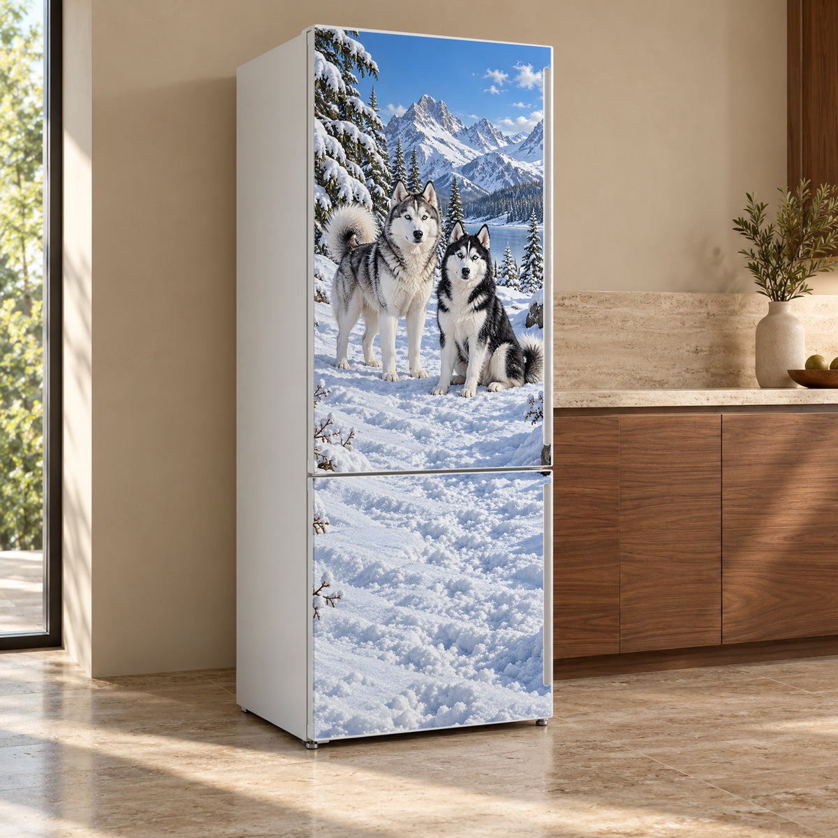 Huskies in the Snow fridge wrap, refrigerator shown at an angle